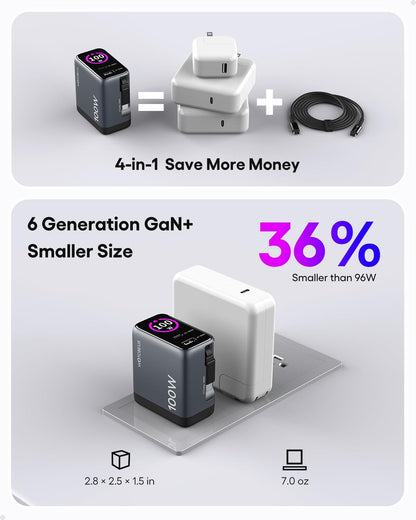 Chargeur 100 W Gan+ Écran Tactile — Câble USB-C Rétractable Intégré
