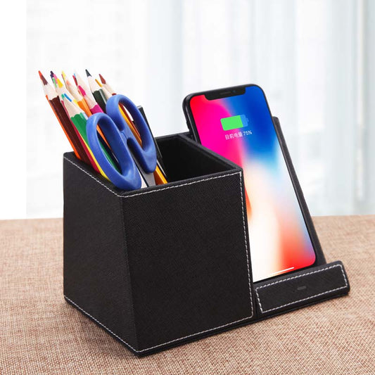 Chargeur sans fil et porte-stylos en cuir 2 en 1 pour bureau