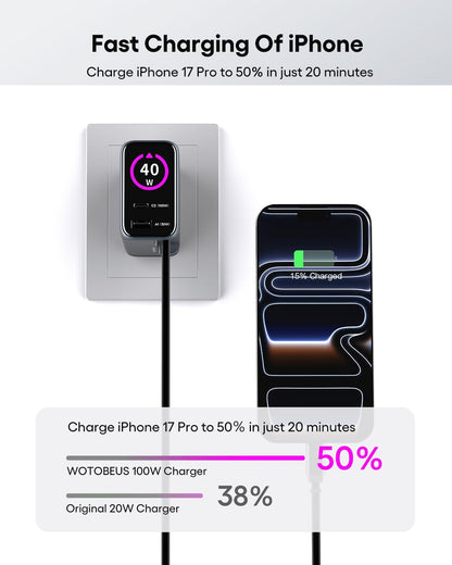 Chargeur 100 W Gan+ Écran Tactile — Câble USB-C Rétractable Intégré