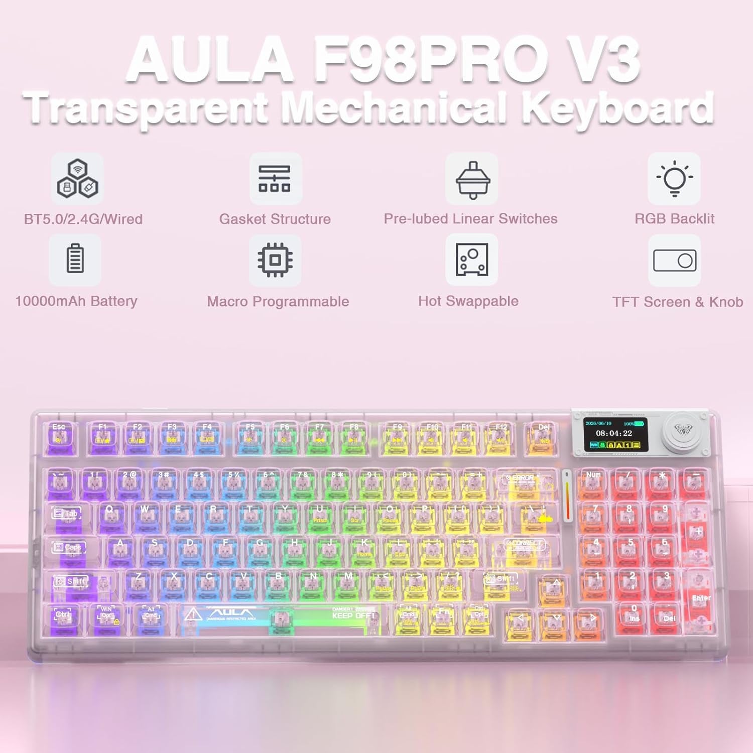 Clavier  F98 Pro V3 — Touches Transparentes, Écran TFT, Hot-Swap