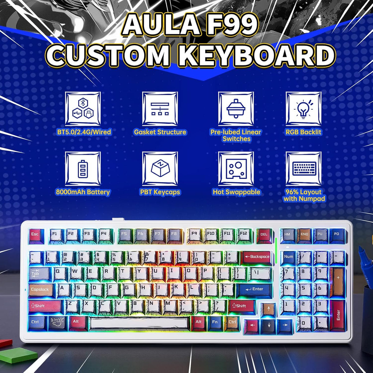 Clavier Mécanique AULA F99 Sans Fil — Hot-Swap, Switchs Pré-Lubrifiés, RGB