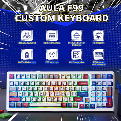 Clavier Mécanique AULA F99 Sans Fil — Hot-Swap, Switchs Pré-Lubrifiés, RGB