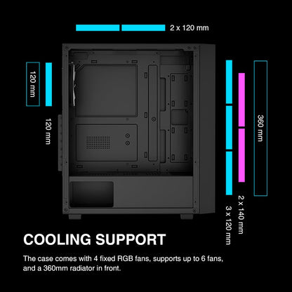 Boîtier  ATX Mid Tower — 4 Ventilateurs ARGB, Verre Trempé