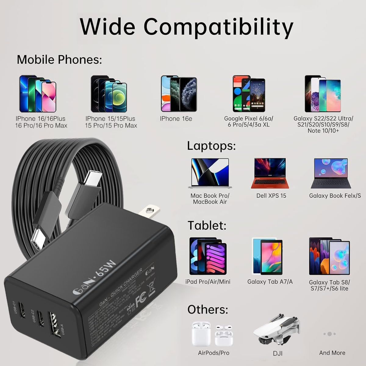 Chargeur 65 W Gan 3 Ports + Câble USB-C 6 Pi — Téléphone Et Portable
