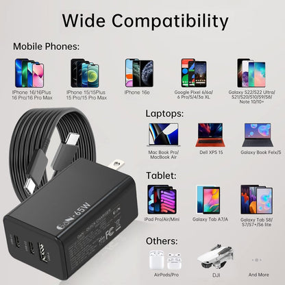 Chargeur 65 W Gan 3 Ports + Câble USB-C 6 Pi — Téléphone Et Portable