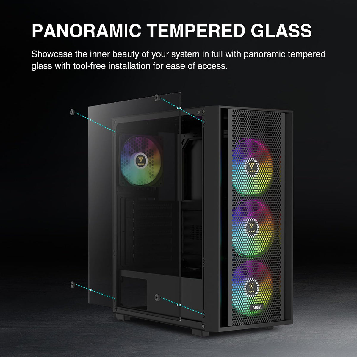 Boîtier  ATX Mid Tower — 4 Ventilateurs ARGB, Verre Trempé