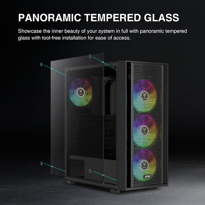 Boîtier  ATX Mid Tower — 4 Ventilateurs ARGB, Verre Trempé