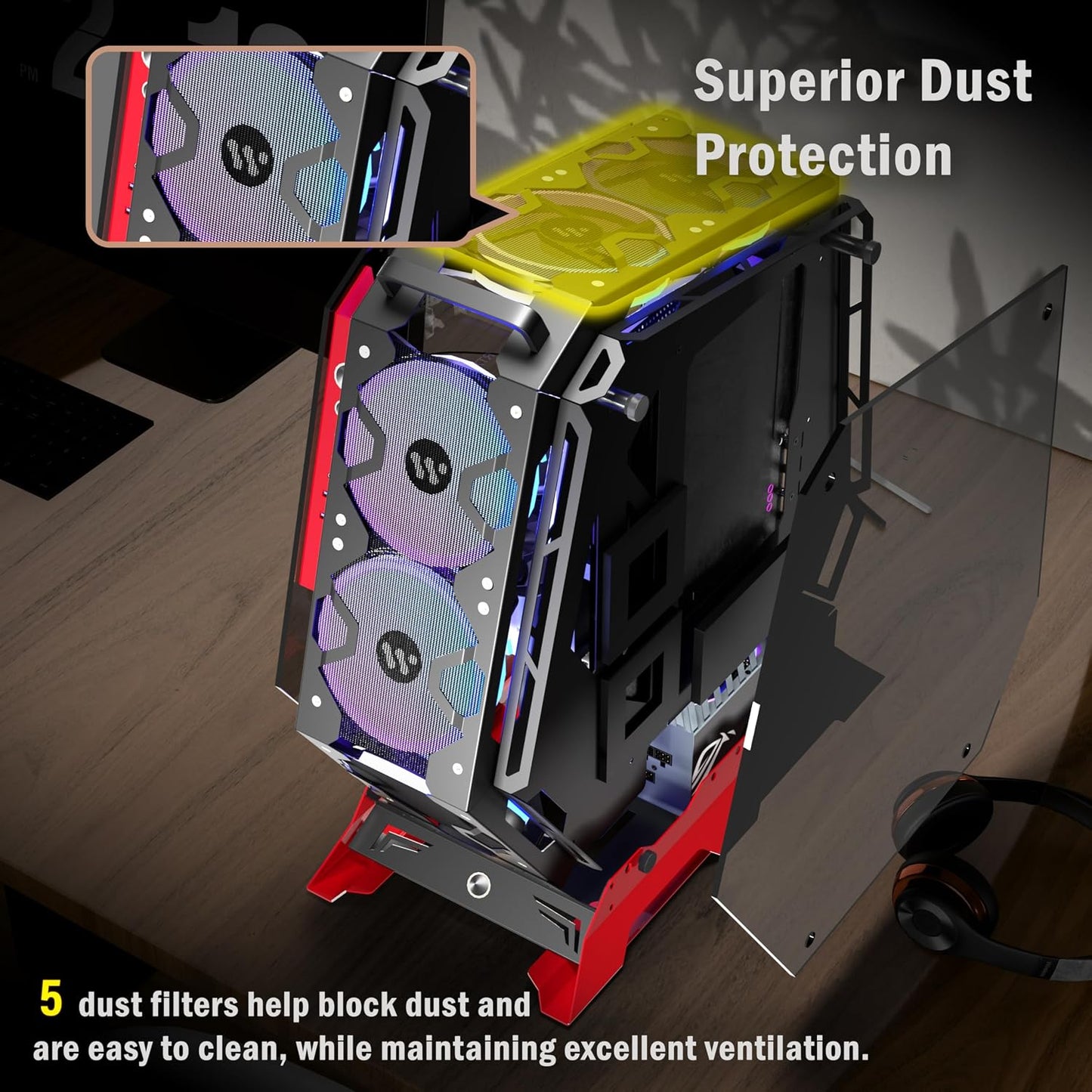 Open Frame Unique Gaming PC Case, Creative Irregular Shape, Thick Metal Frame, 7 PWM ARGB Fans, Max Airflow ATX/MATX Gaming Computer,C570 (Red)