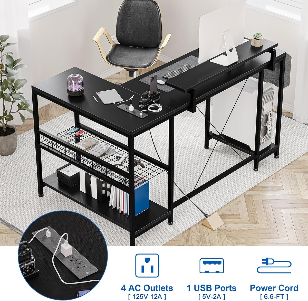 Bureau Gaming En L Noir — Prises Intégrées, LED, Tablettes De Rangement