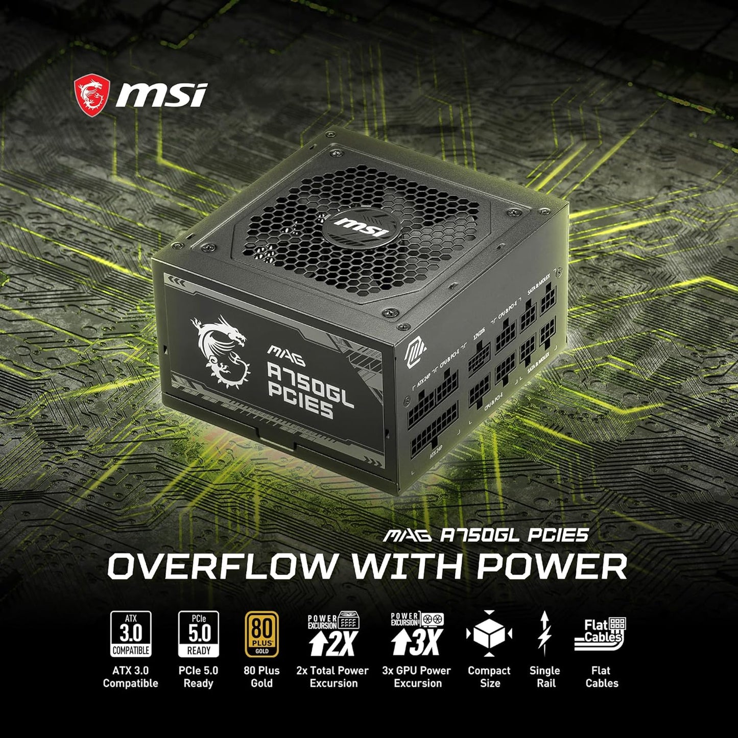 MSI MAG A750GL PCIE5, Fully Modular Compact Gaming 750W Power Supply, 80+ Gold, ATX 3.1 & Pcie 5.1 Ready, Native Dual-Color 12V-2X6 Cable, 10 Year Warranty