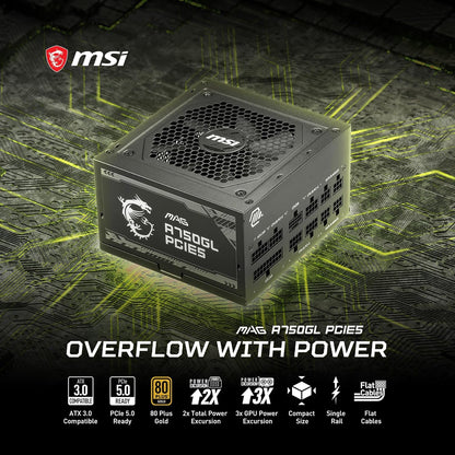MSI MAG A750GL PCIE5, Fully Modular Compact Gaming 750W Power Supply, 80+ Gold, ATX 3.1 & Pcie 5.1 Ready, Native Dual-Color 12V-2X6 Cable, 10 Year Warranty