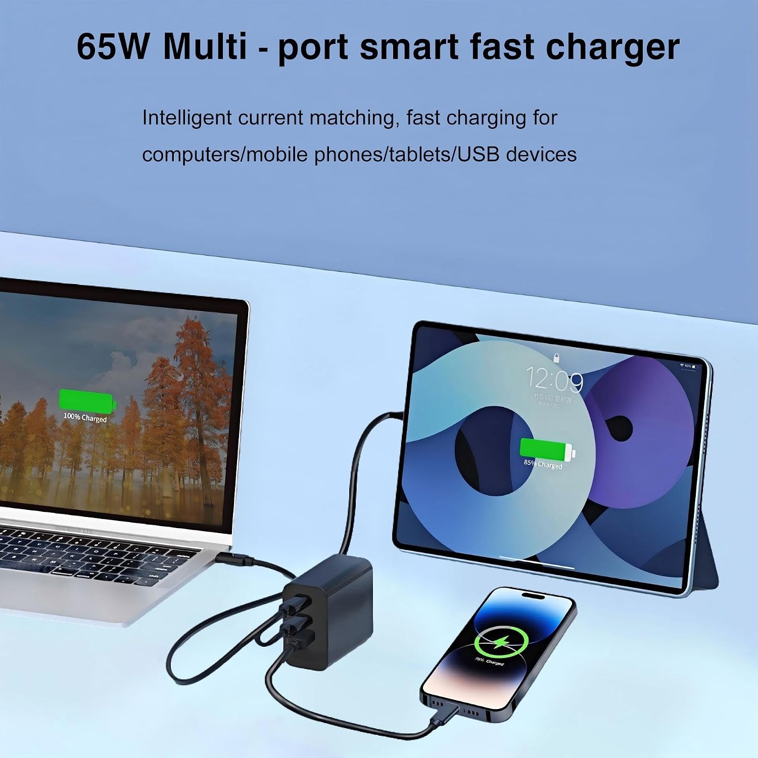 Chargeur 65 W Gan 3 Ports + Câble USB-C 6 Pi — Téléphone Et Portable
