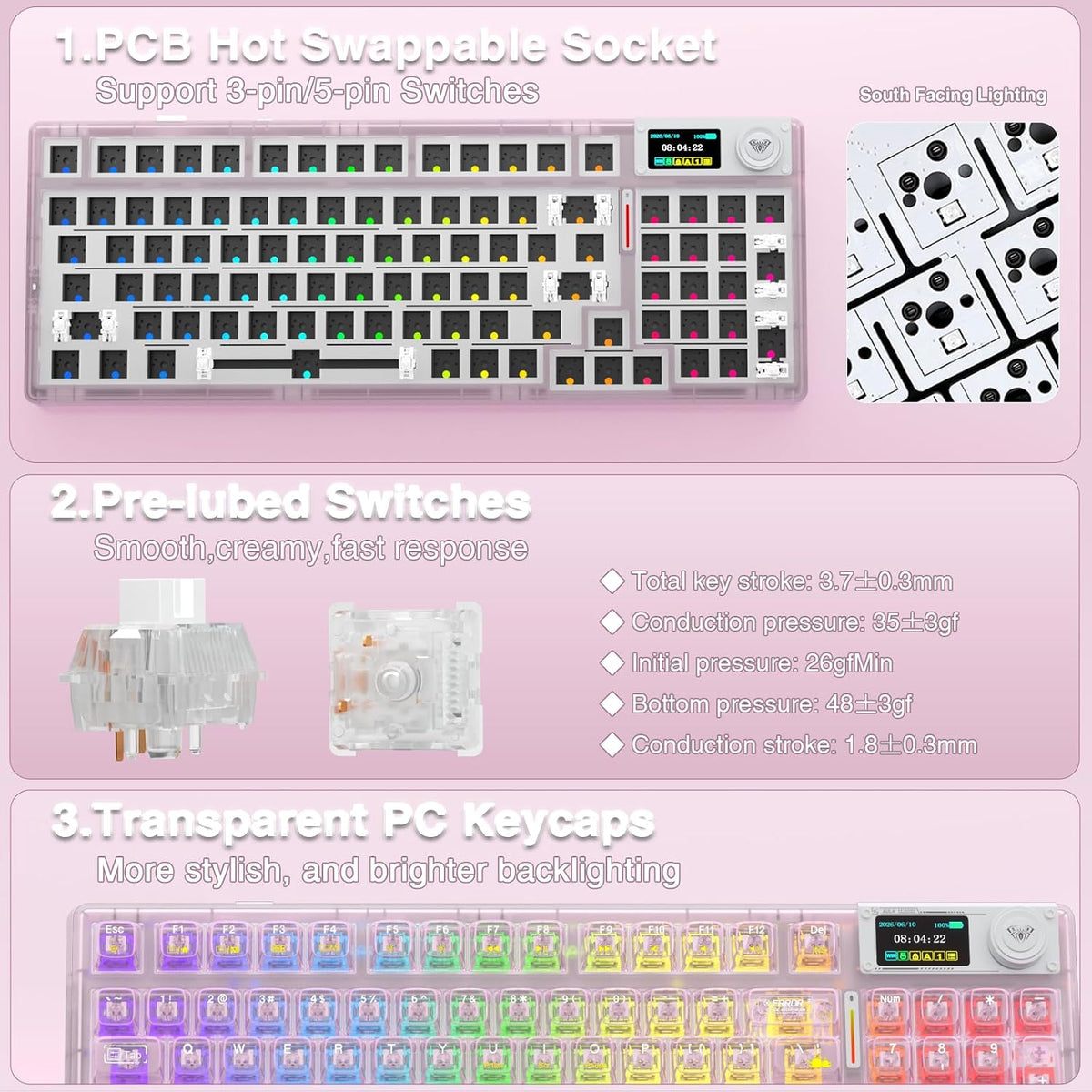 Clavier  F98 Pro V3 — Touches Transparentes, Écran TFT, Hot-Swap