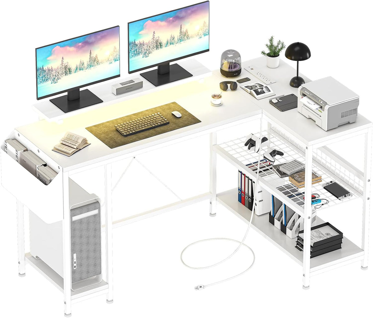 Bureau gaming en L blanc 49,6 po, prises, LED, support écran