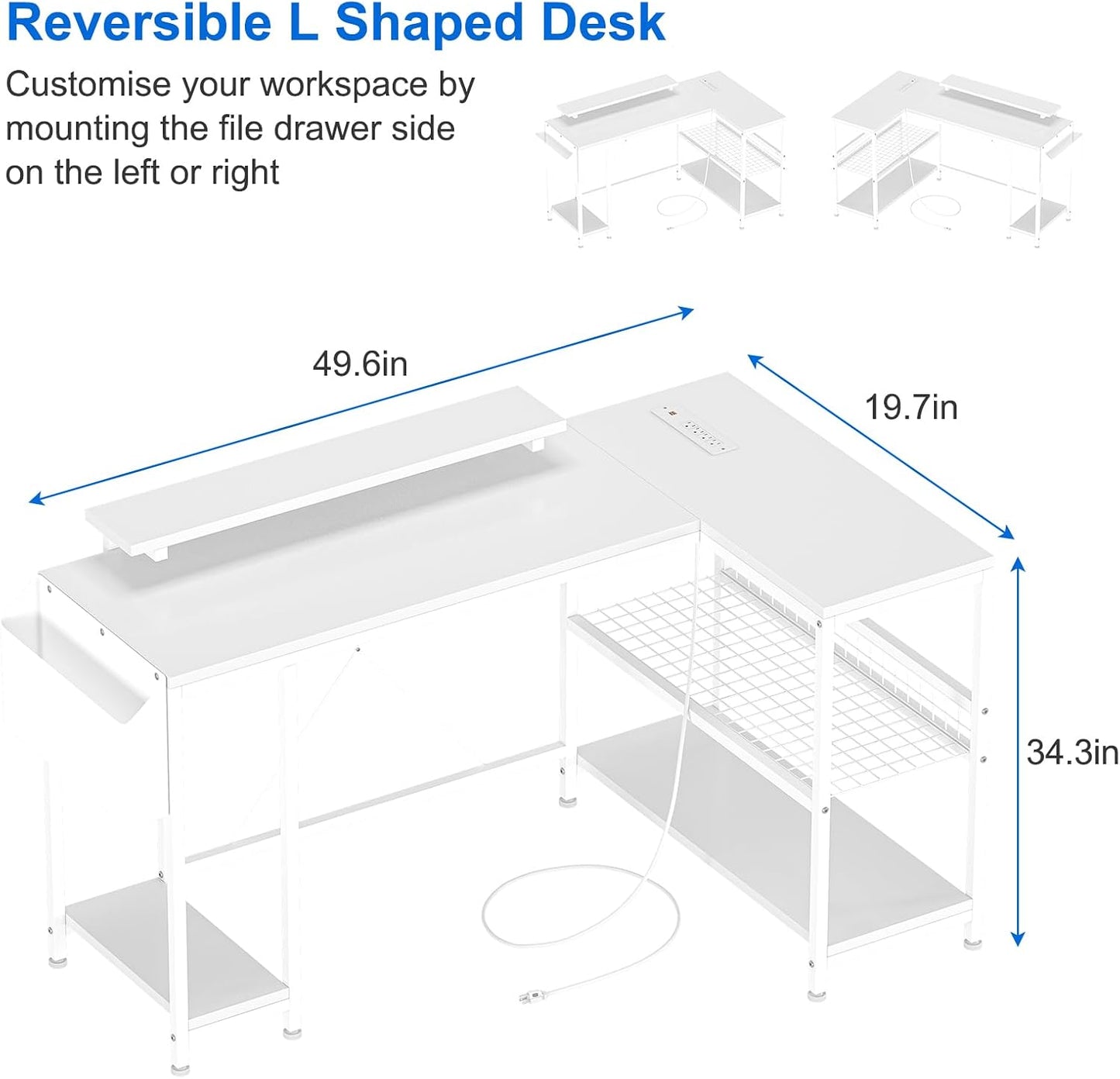 Bureau Gaming En L Blanc 49,6 Po — Prises, LED, Support Écran