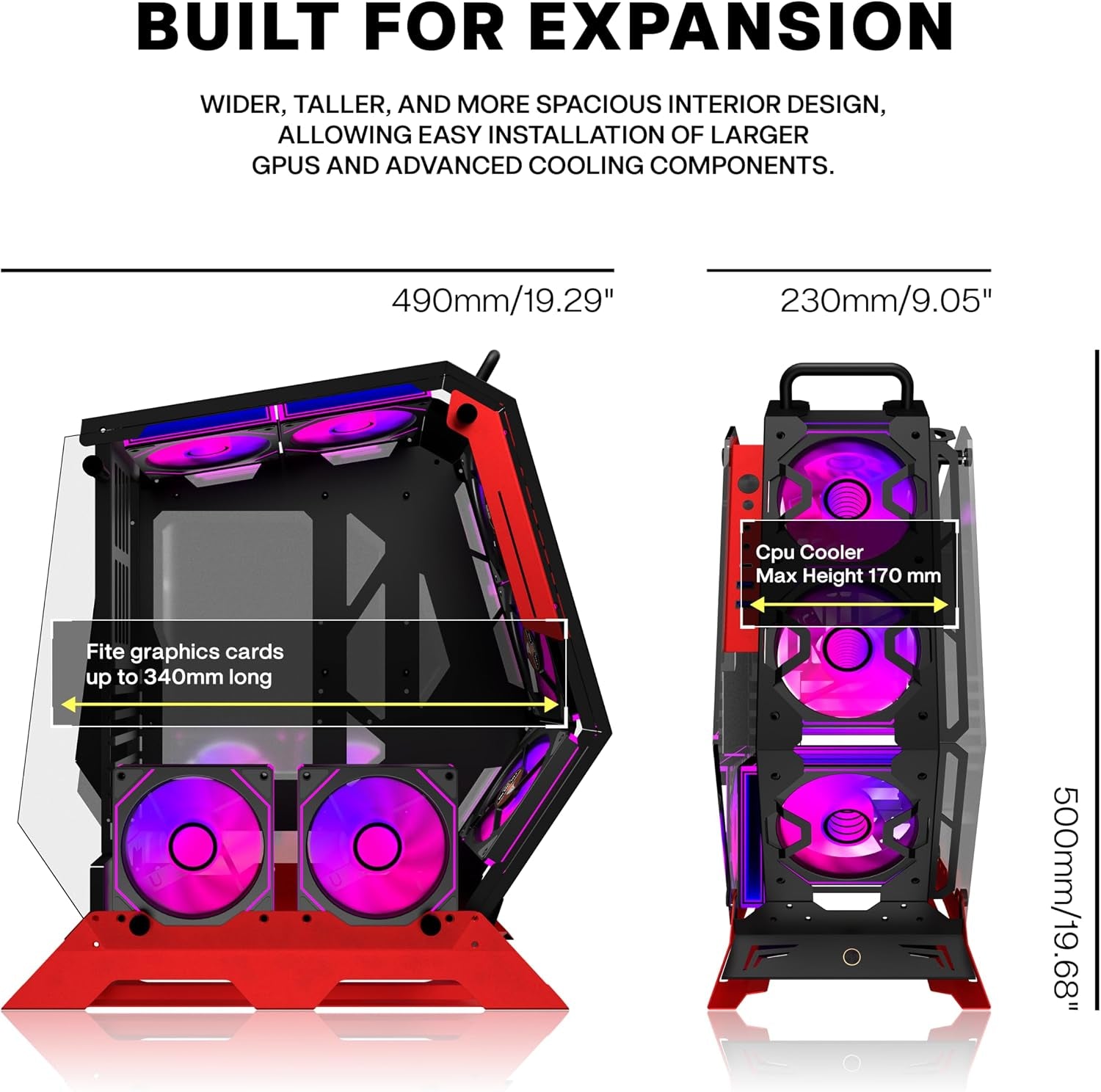 Open Frame Unique Gaming PC Case, Creative Irregular Shape, Thick Metal Frame, 7 PWM ARGB Fans, Max Airflow ATX/MATX Gaming Computer,C570 (Red)