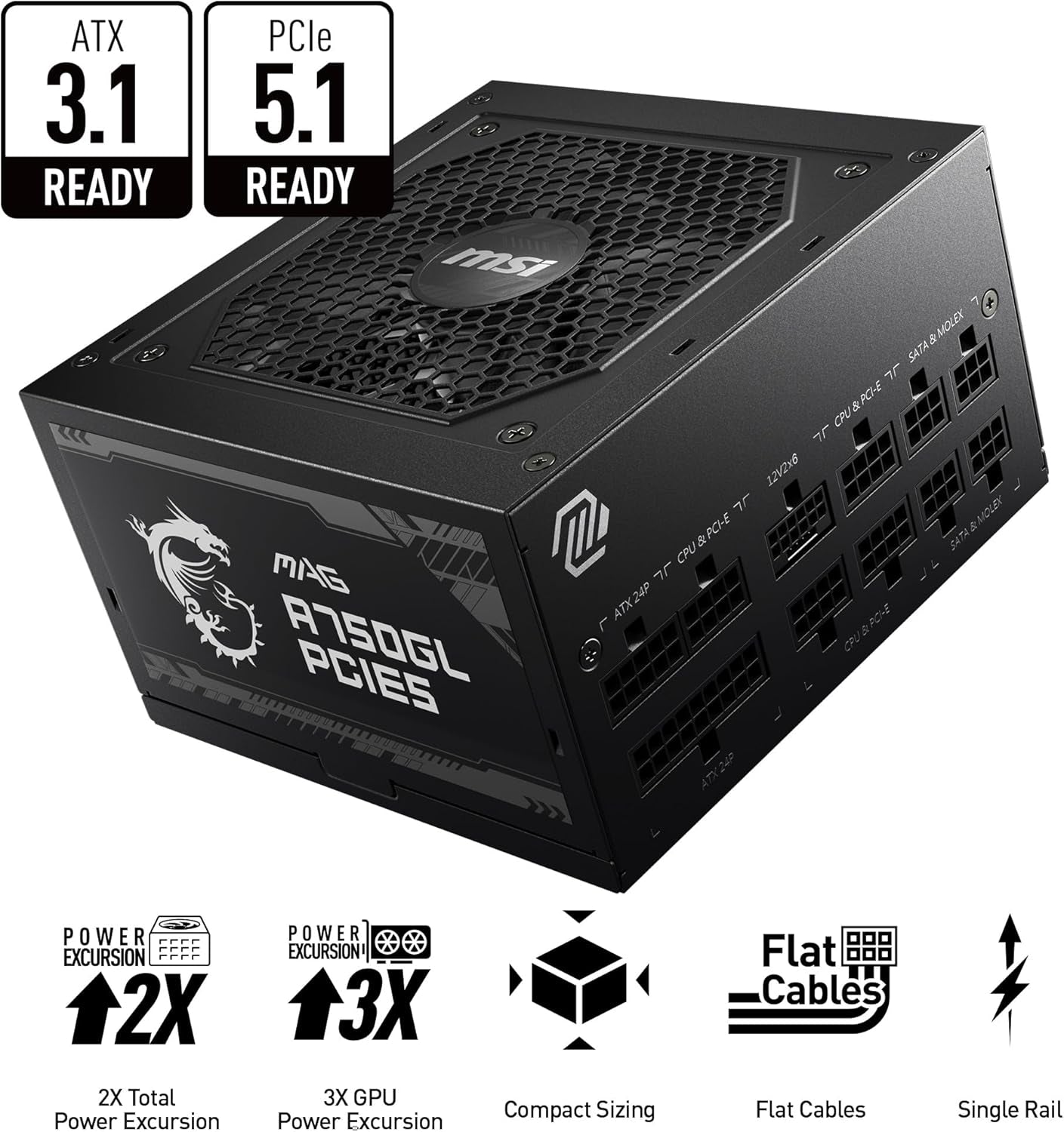 MSI MAG A750GL PCIE5, Fully Modular Compact Gaming 750W Power Supply, 80+ Gold, ATX 3.1 & Pcie 5.1 Ready, Native Dual-Color 12V-2X6 Cable, 10 Year Warranty