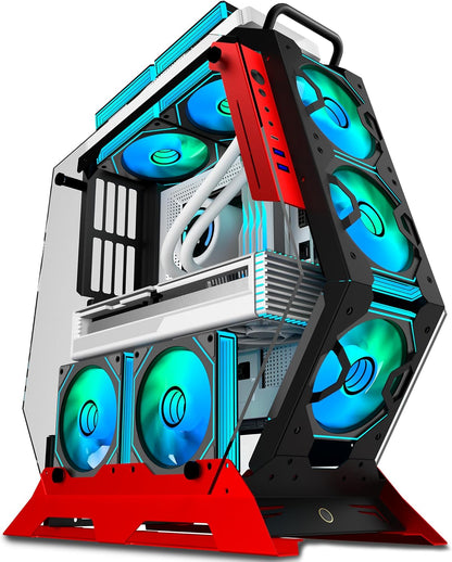 Open Frame Unique Gaming PC Case, Creative Irregular Shape, Thick Metal Frame, 7 PWM ARGB Fans, Max Airflow ATX/MATX Gaming Computer,C570 (Red)