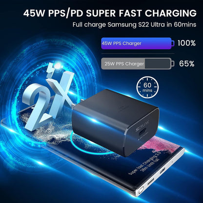 Chargeur 45 W PPS Mur Et Auto + 2 Câbles USB-C (10 Pi Et 3,3 Pi)
