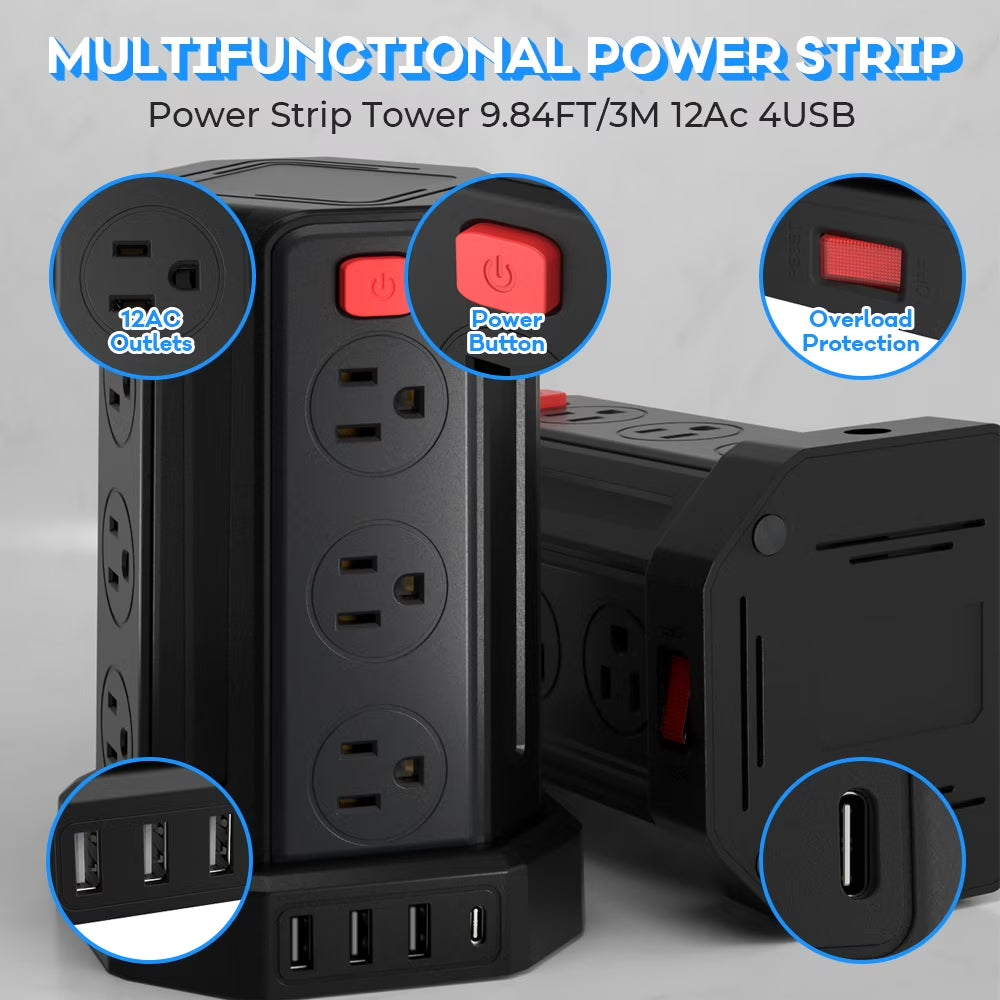Power Strips Tower 12 Outlets Surge Protector with 4 USB Port and 10Ft Extension Cord, Black