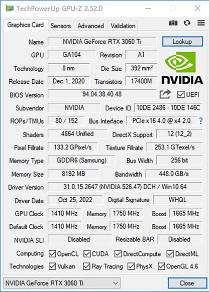 Carte Graphique RTX 3060 Ti — 8 Go GDDR6, 256 Bits, Pcie 4.0