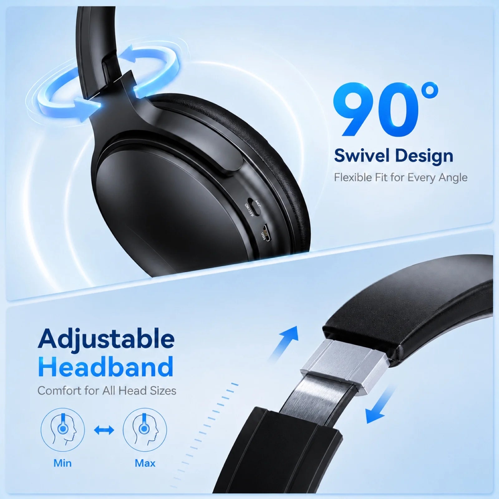 Active Noise Cancelling Headphones, Wireless Bluetooth 5.4 Headphones with Long Battery Life, Deep Bass, Built-In Mic, Over-Ear Headphones for Travel, Work, Compatible with Ios, Android, PC