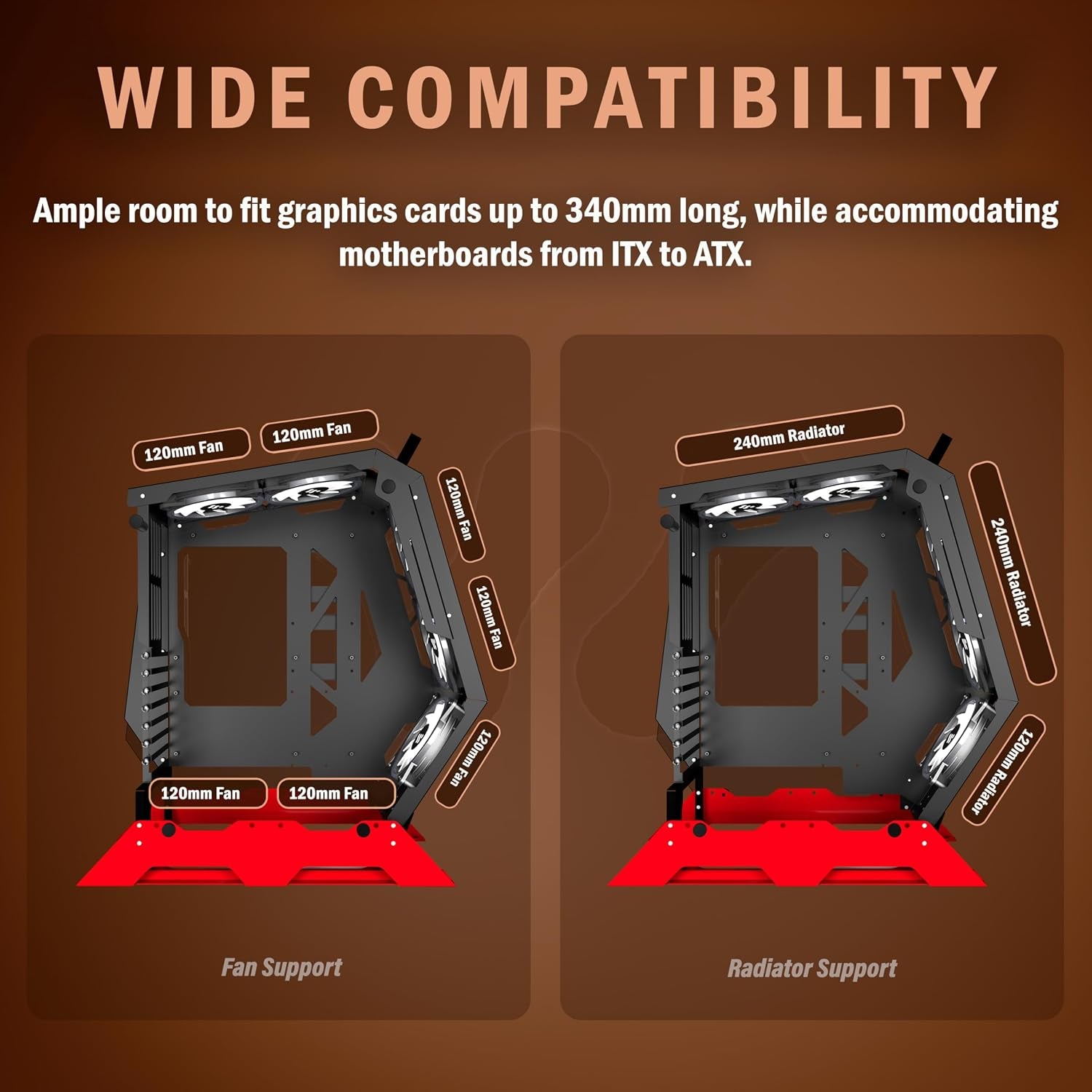 Open Frame Unique Gaming PC Case, Creative Irregular Shape, Thick Metal Frame, 7 PWM ARGB Fans, Max Airflow ATX/MATX Gaming Computer,C570 (Red)