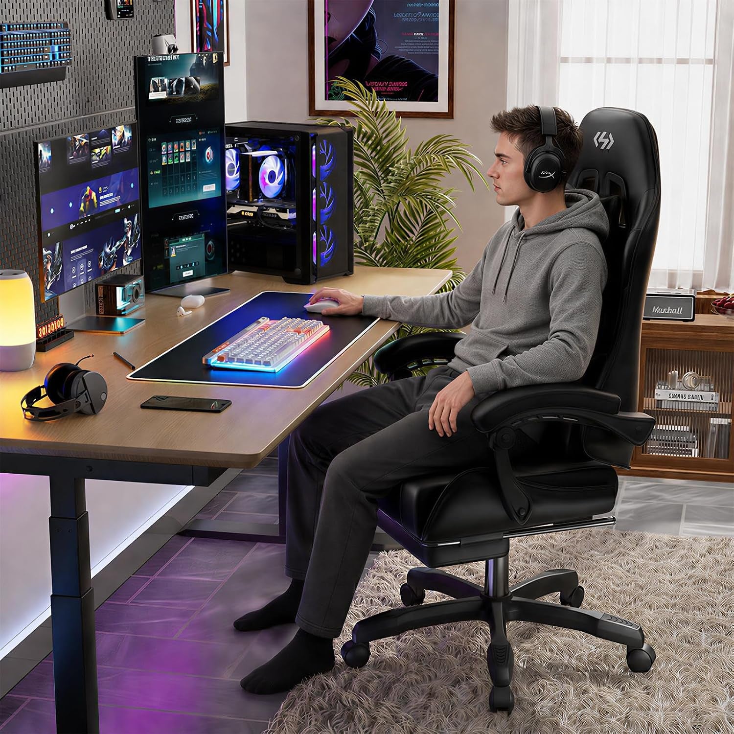 Gaming Chair with Footrest & Lumbar Support for Adults