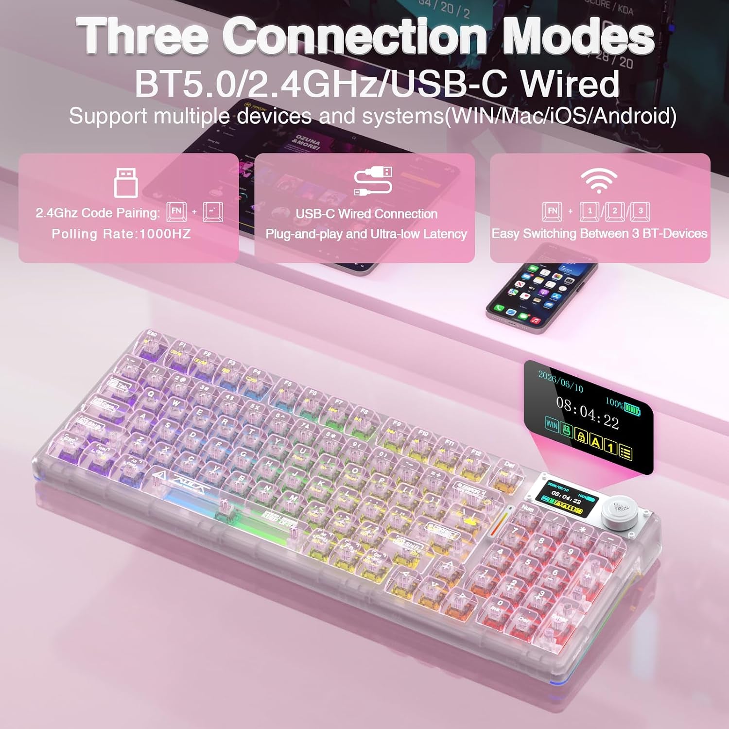 Clavier  F98 Pro V3 — Touches Transparentes, Écran TFT, Hot-Swap