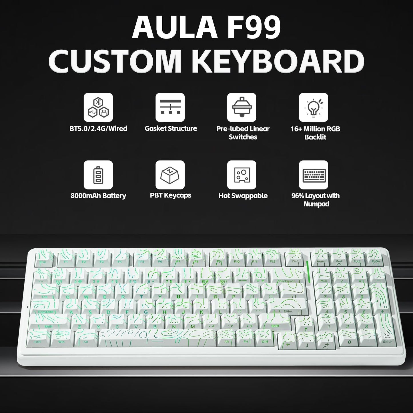 Clavier Mécanique  F99 Sans Fil — Touches Gravées Latérales, Tri-Mode