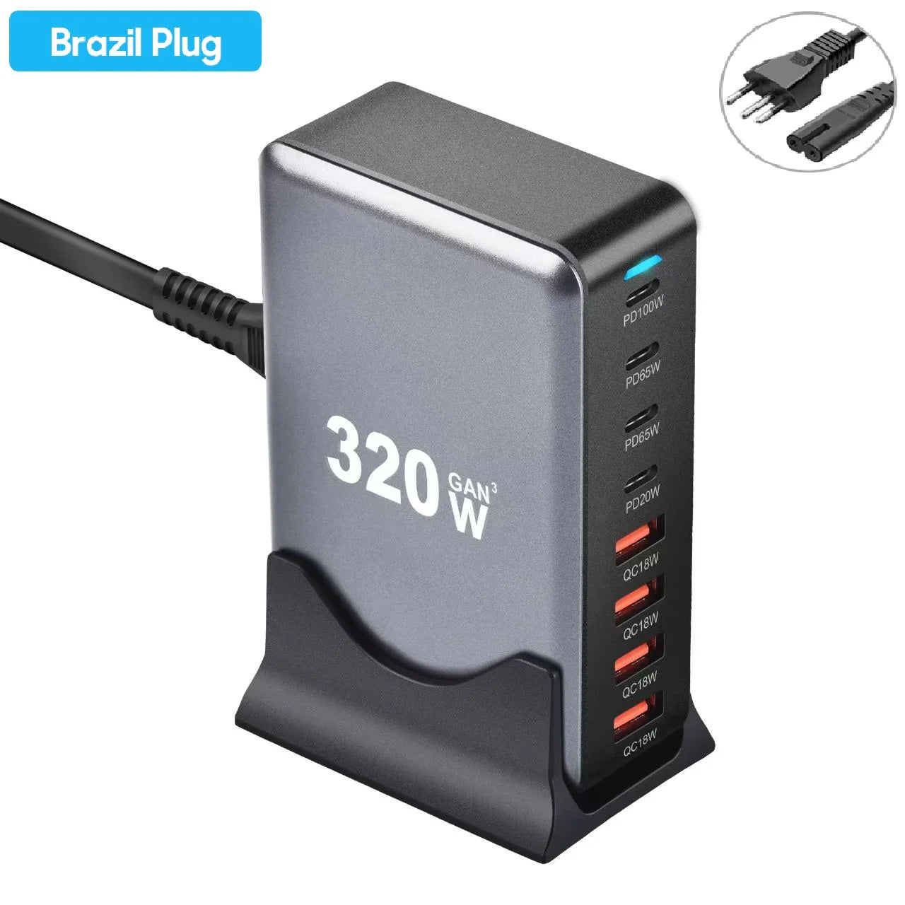 320W Gan Charger USB C Fast Desktop 8-Port USB Type C PD Charger Fast Charge 3.0 USB Type C Fast Charger for Iphone15 14 Samsung