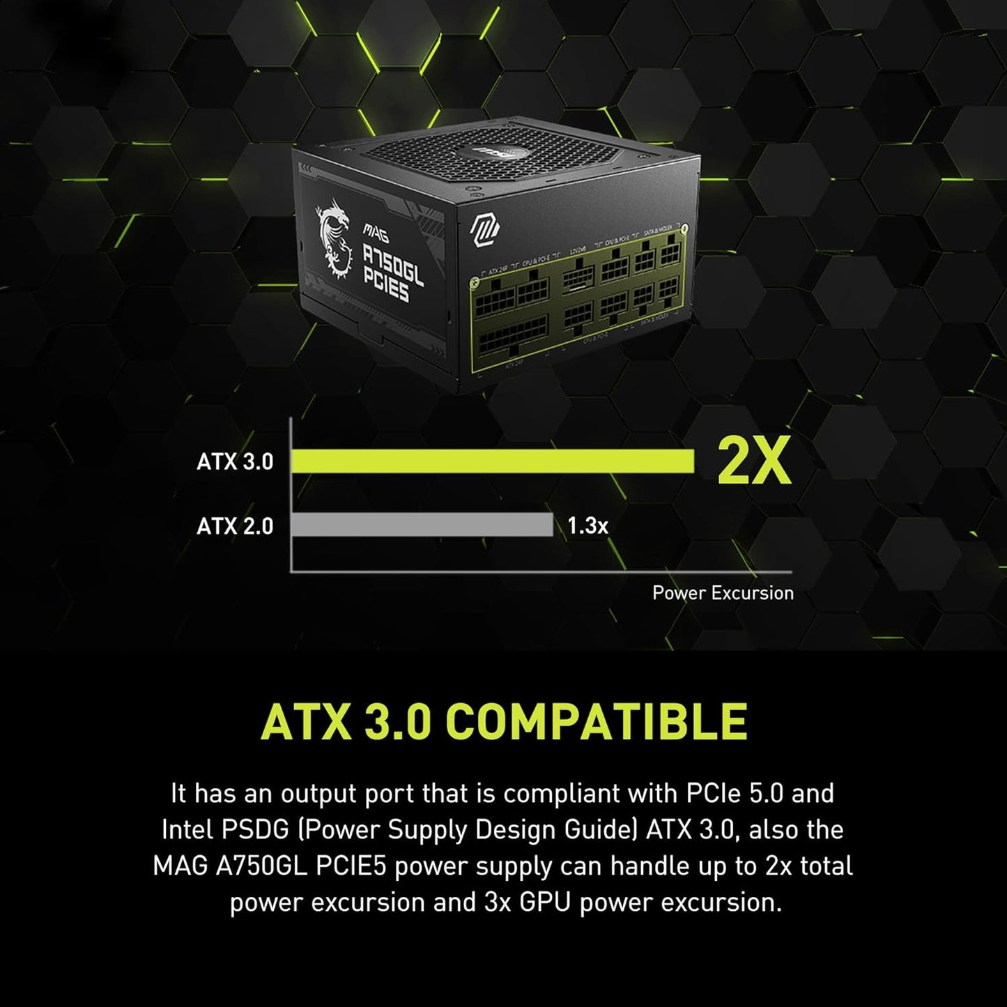MSI MAG A750GL PCIE5, Fully Modular Compact Gaming 750W Power Supply, 80+ Gold, ATX 3.1 & Pcie 5.1 Ready, Native Dual-Color 12V-2X6 Cable, 10 Year Warranty