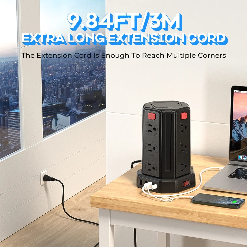 Power Strips Tower 12 Outlets Surge Protector with 4 USB Port and 10Ft Extension Cord, Black