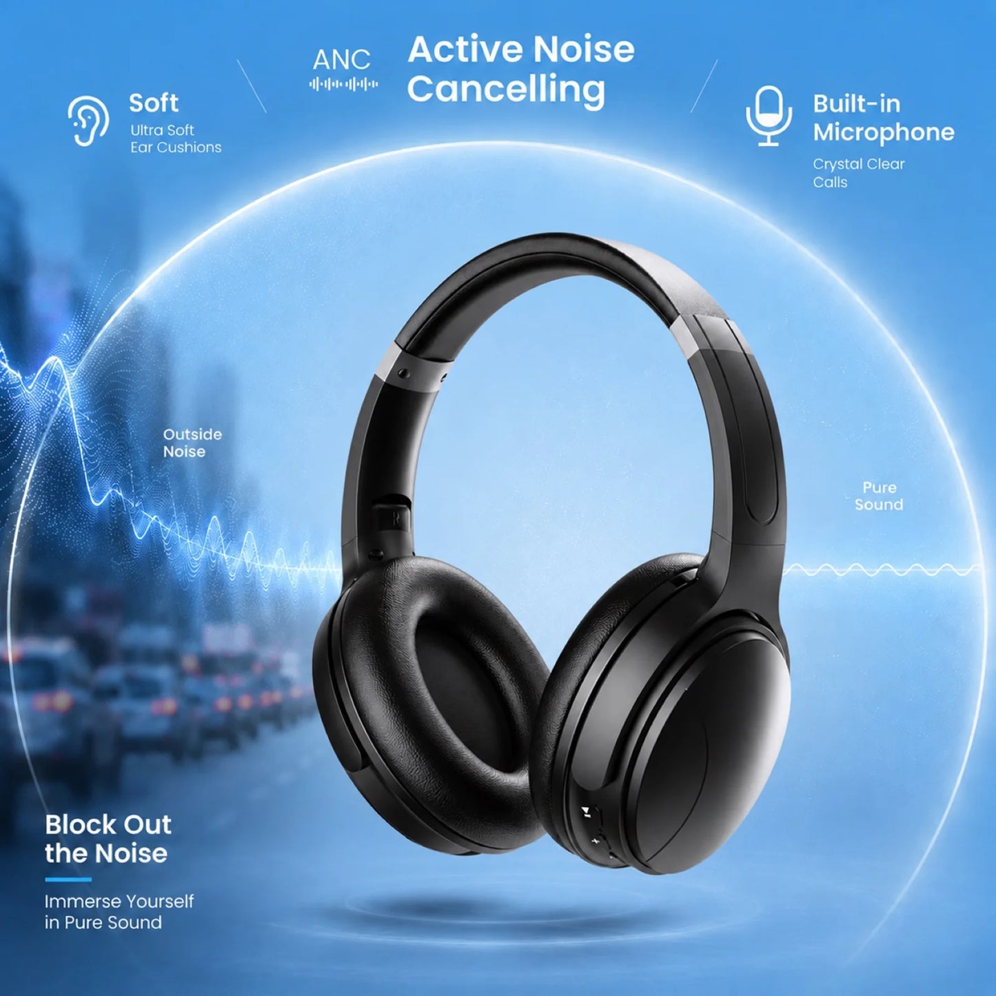 Active Noise Cancelling Headphones, Wireless Bluetooth 5.4 Headphones with Long Battery Life, Deep Bass, Built-In Mic, Over-Ear Headphones for Travel, Work, Compatible with Ios, Android, PC