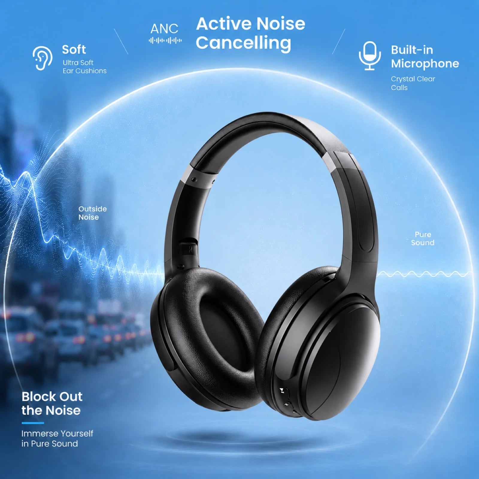 Active Noise Cancelling Headphones, Wireless Bluetooth 5.4 Headphones with Long Battery Life, Deep Bass, Built-In Mic, Over-Ear Headphones for Travel, Work, Compatible with Ios, Android, PC