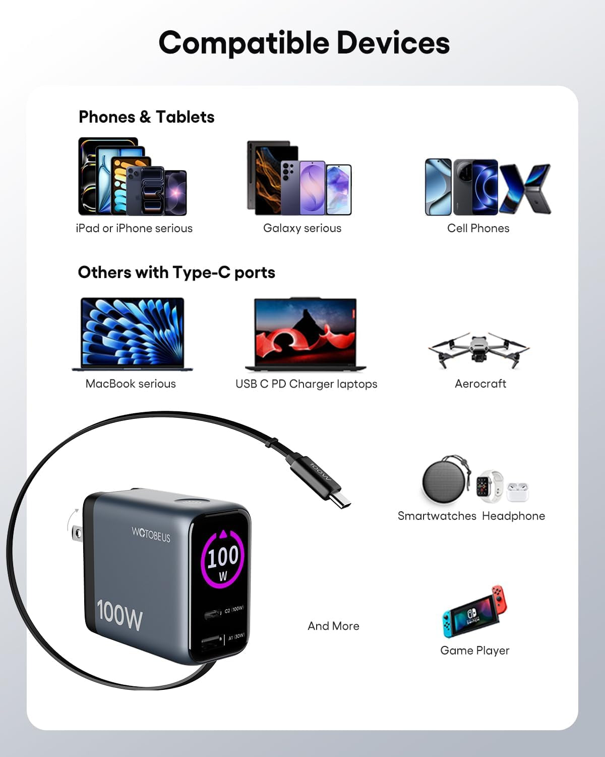 Chargeur 100 W Gan+ Écran Tactile — Câble USB-C Rétractable Intégré