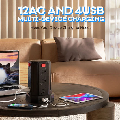 Power Strips Tower 12 Outlets Surge Protector with 4 USB Port and 10Ft Extension Cord, Black