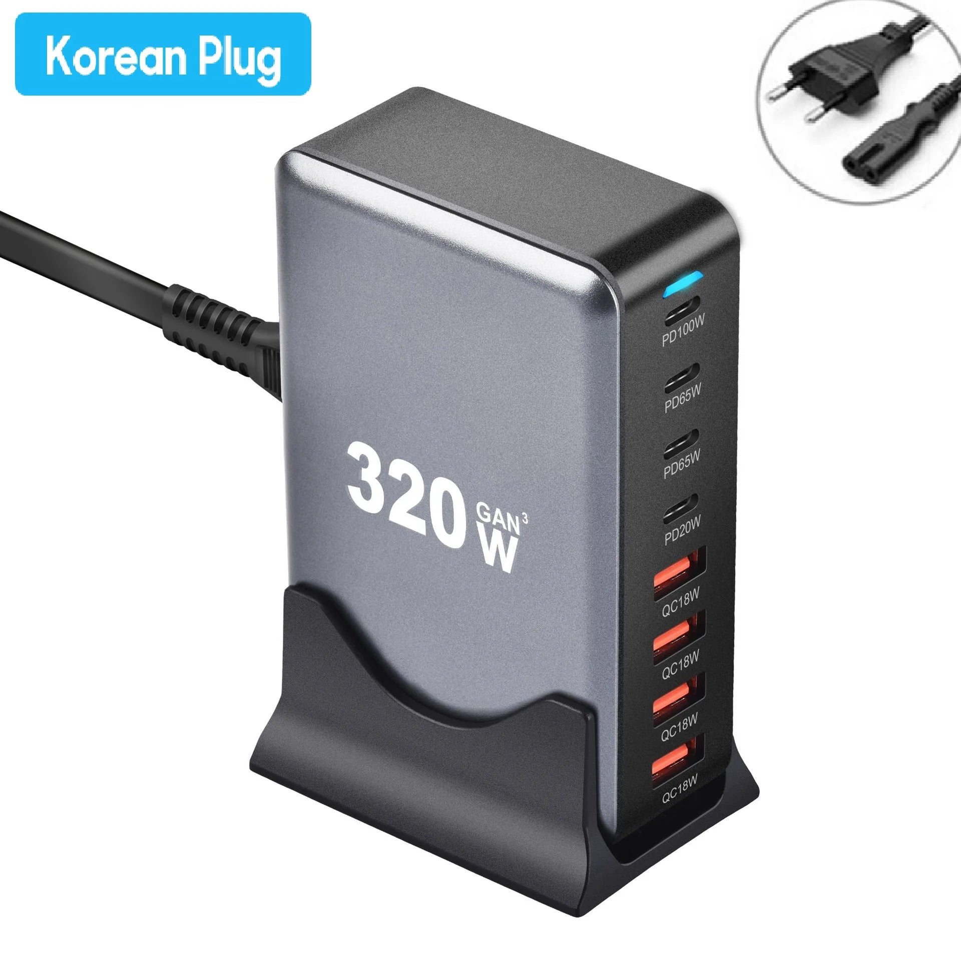 320W Gan Charger USB C Fast Desktop 8-Port USB Type C PD Charger Fast Charge 3.0 USB Type C Fast Charger for Iphone15 14 Samsung