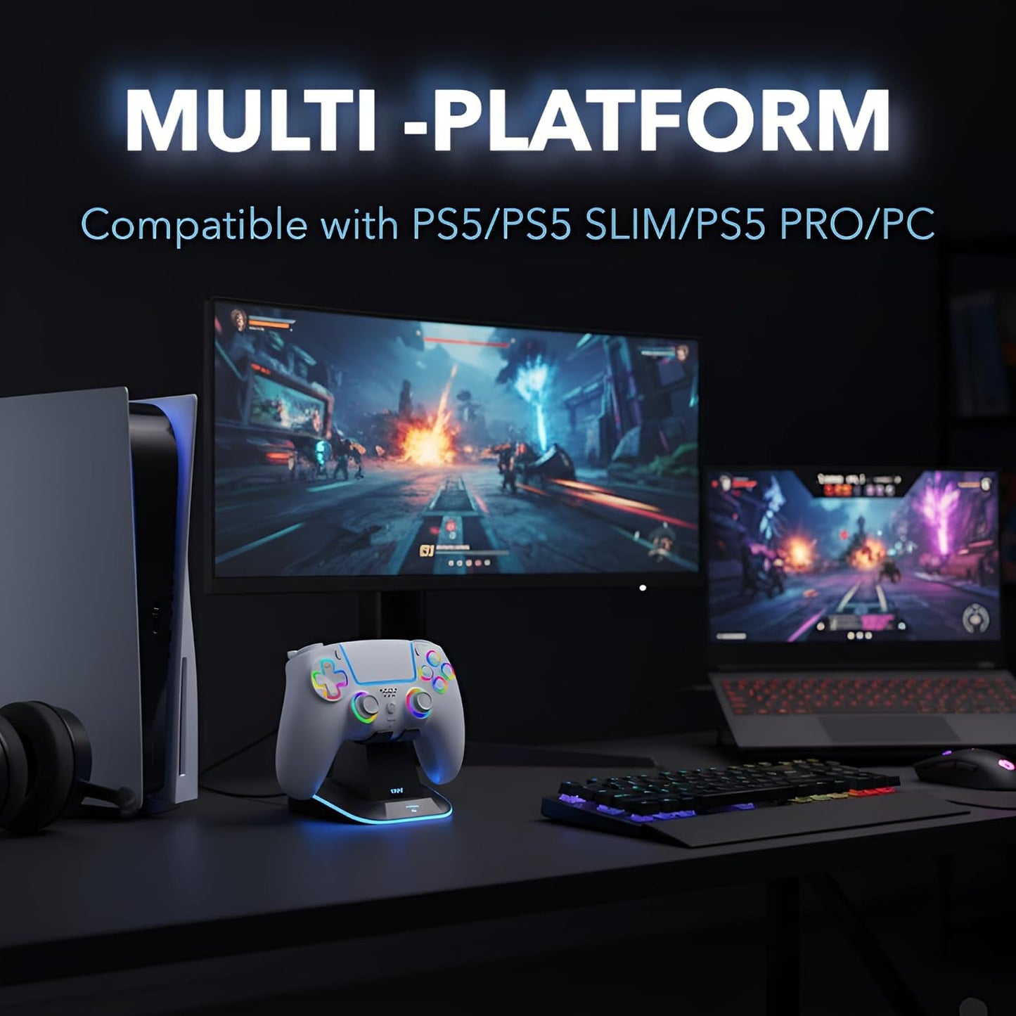 Manette Sans Fil RGB Pour PS5/PC — Effet Hall, Capteur 6 Axes, Turbo