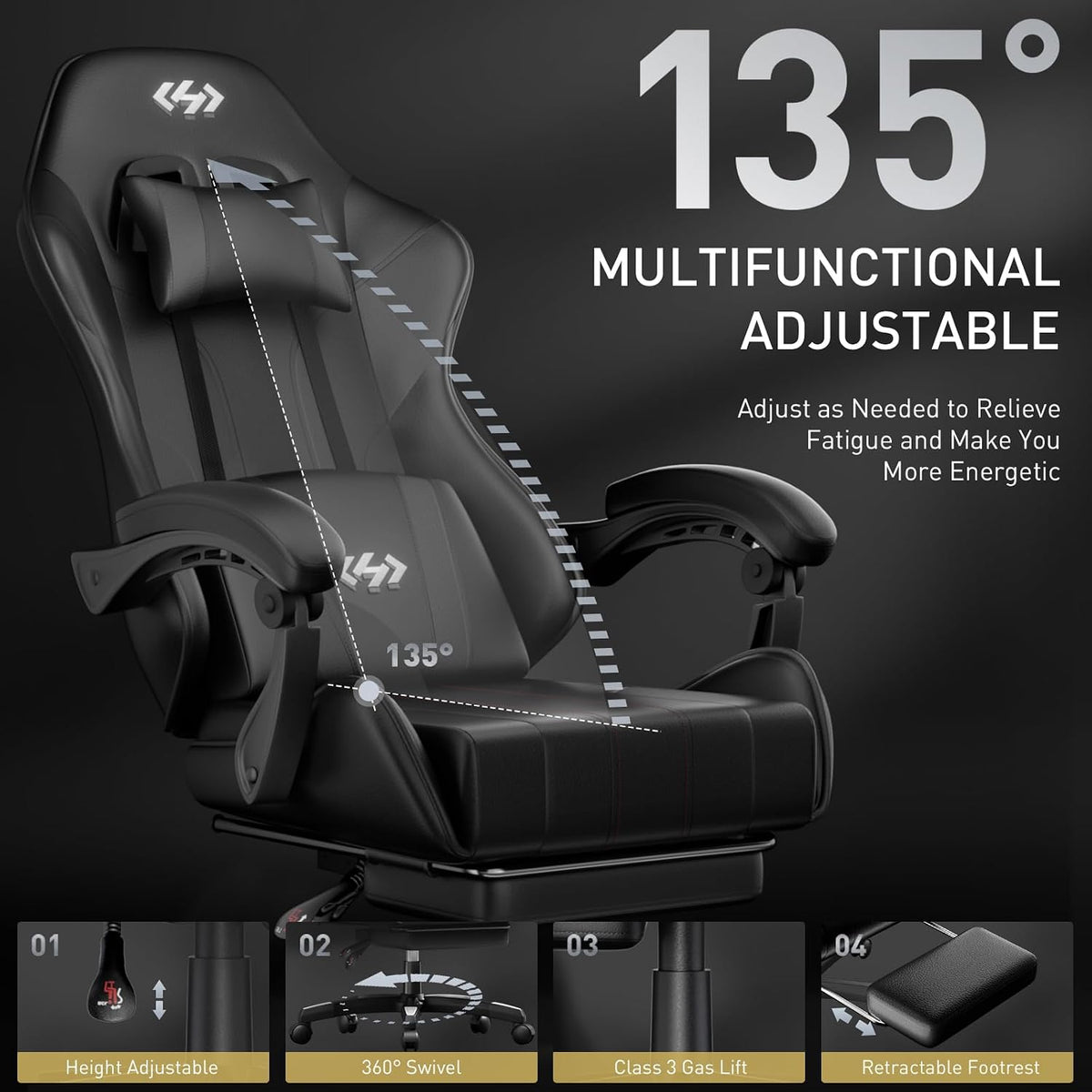 Gaming Chair with Footrest & Lumbar Support for Adults