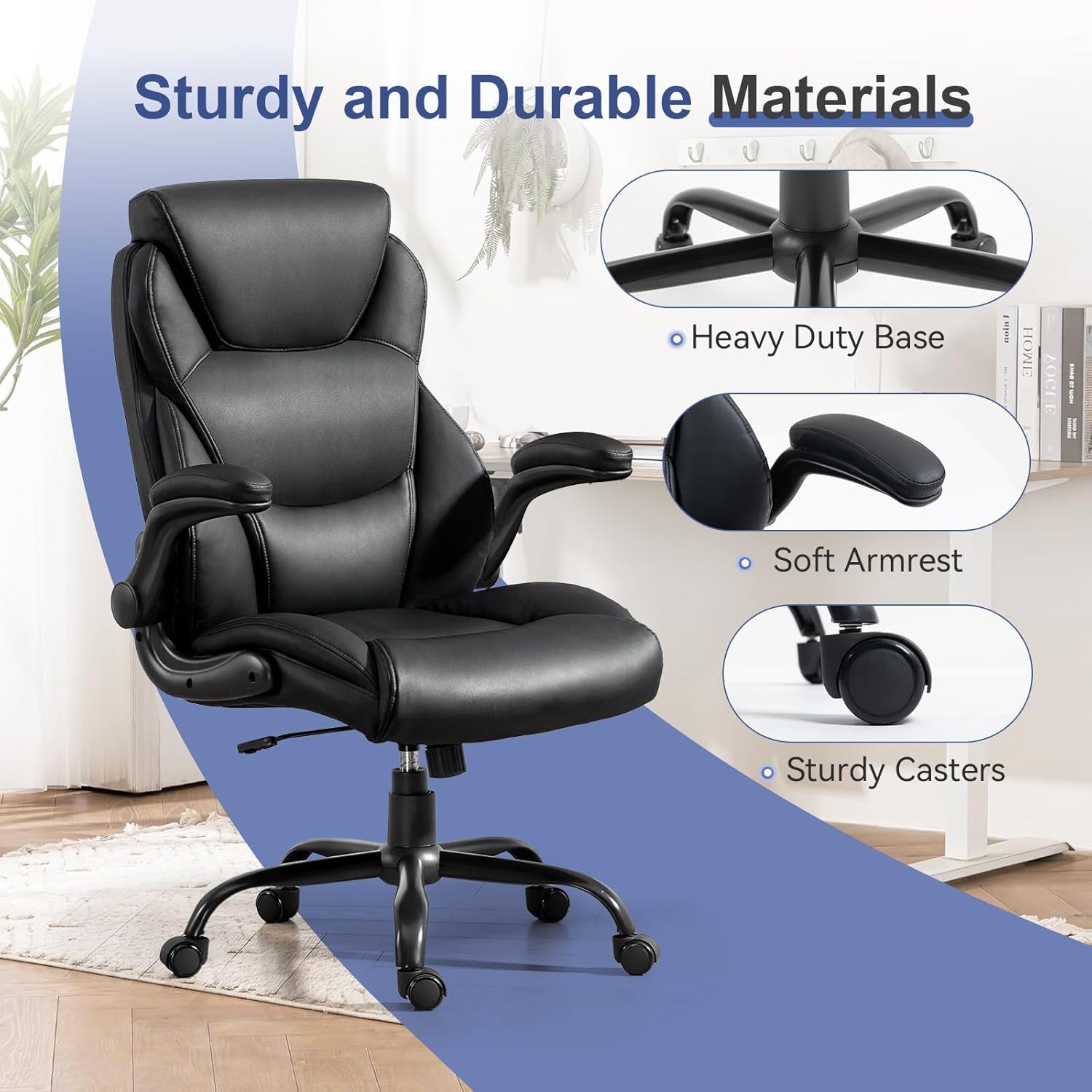 400LBS Big and Tall Office Chair, Heavy Duty Leather Executive Desk Chair with Padded Flip-Up Arms, Swivel Rolling Computer Chair for Home Office, Black