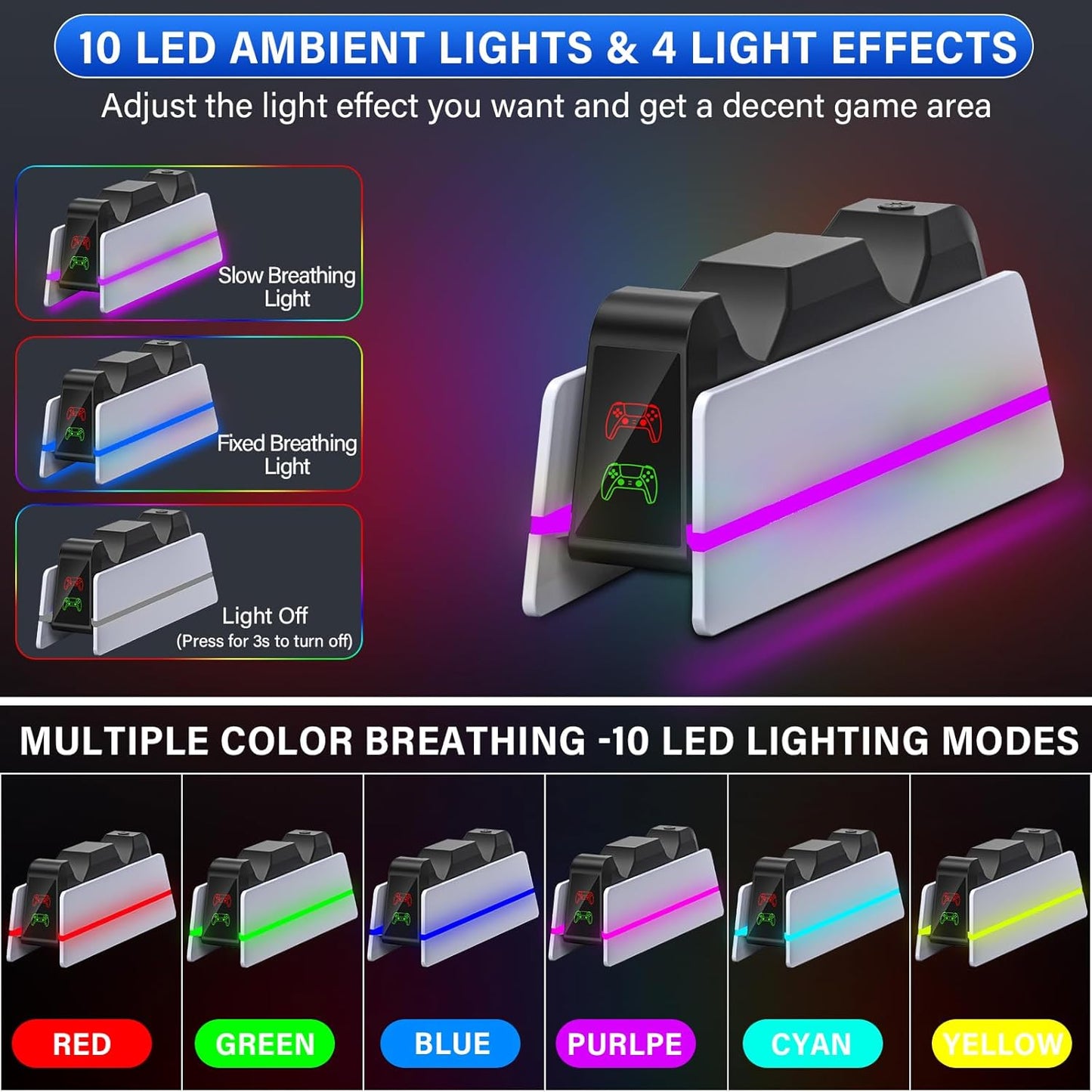 Station De Charge Manette PS5 — 9 Couleurs LED, Charge Rapide