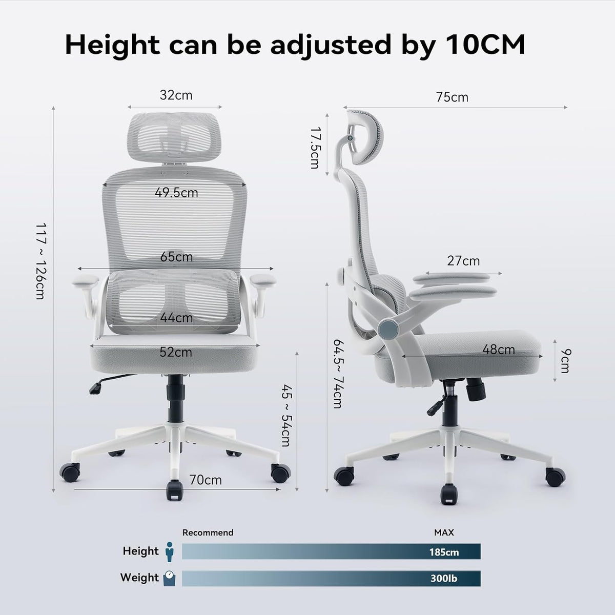 M102C Ergonomic Office Chair,Adjustable Lumbar,3D Armrests,White