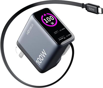 Chargeur 100 W GaN+ écran tactile, câble USB-C rétractable intégré