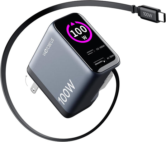 Chargeur 100 W GaN+ écran tactile, câble USB-C rétractable intégré