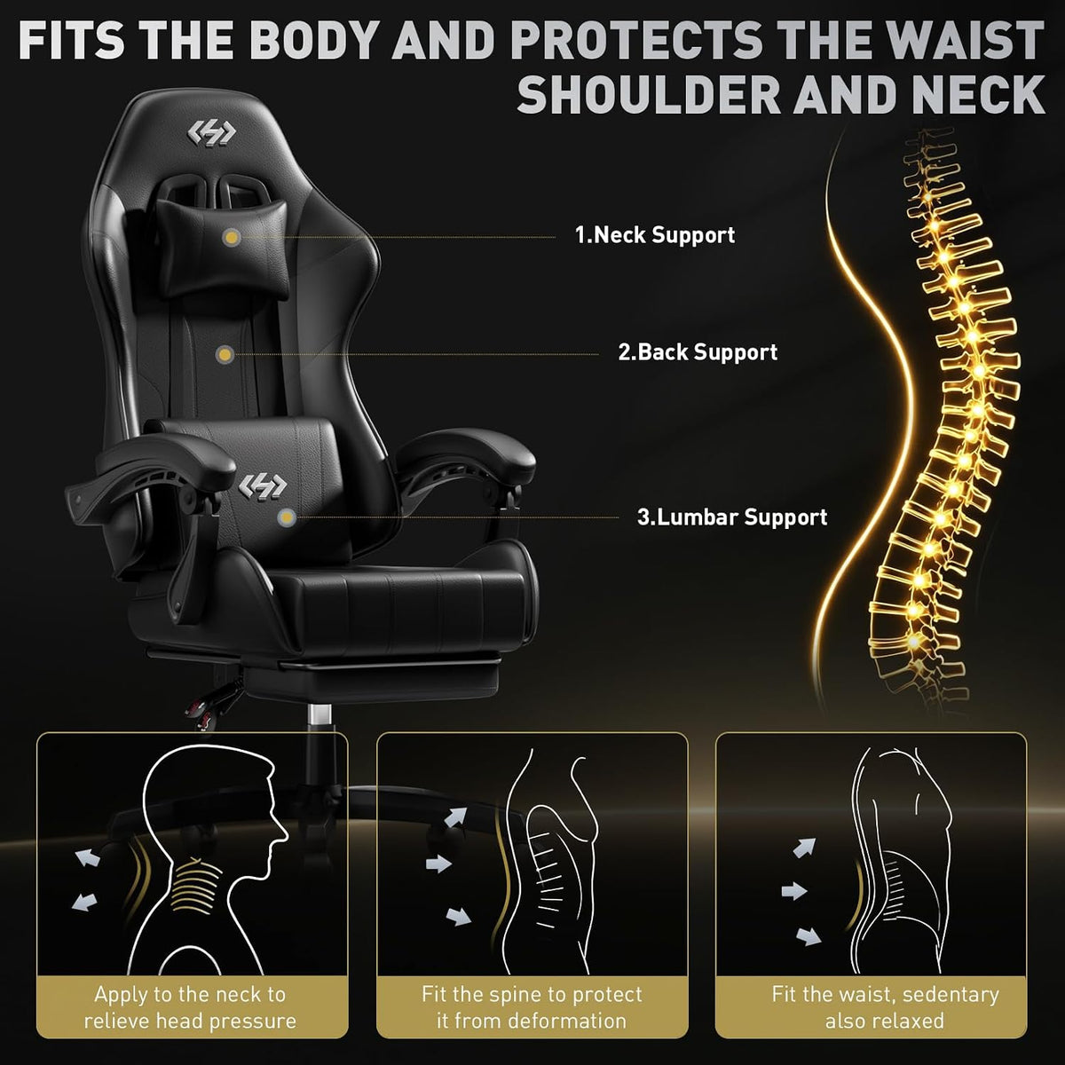 Gaming Chair with Footrest & Lumbar Support for Adults