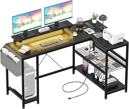 Bureau gaming en L noir, prises intégrées, LED, tablettes de rangement
