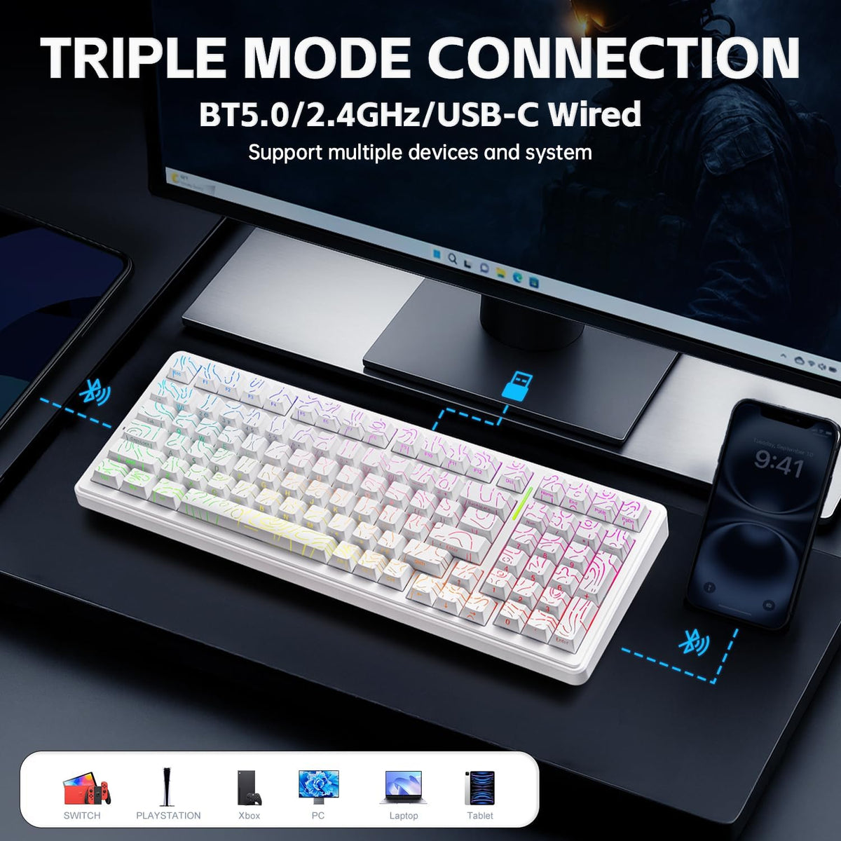 Clavier Mécanique  F99 Sans Fil — Touches Gravées Latérales, Tri-Mode