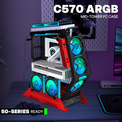Open Frame Unique Gaming PC Case, Creative Irregular Shape, Thick Metal Frame, 7 PWM ARGB Fans, Max Airflow ATX/MATX Gaming Computer,C570 (Red)