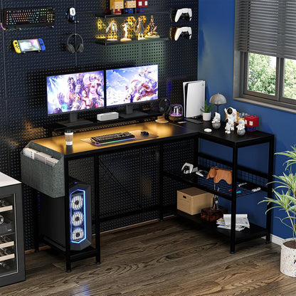 Bureau Gaming En L Noir — Prises Intégrées, LED, Tablettes De Rangement